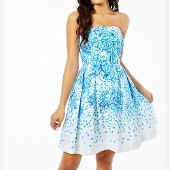 Lilly Pulitzer NWT Kenzie dress in resort white & blues, strapless option 4 - Picture 4 of 14